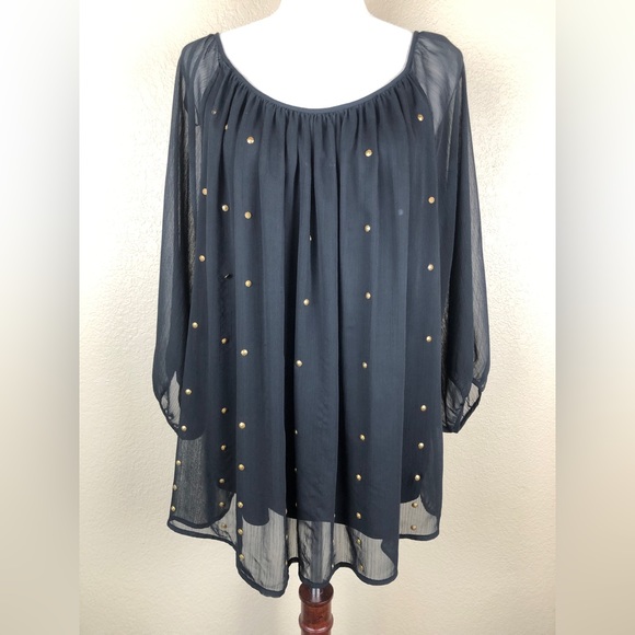 AGB Black Blouse w/ 3/4" Length Sleeves. Copper Colored Embellishments. Size- XL - Picture 2 of 7